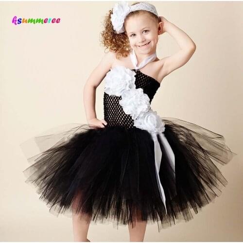 Black & White Couture Flower Girl Tutu Dress with Headband Performance Photo Dress Up Baby Costume Kids Summer Dress TS107