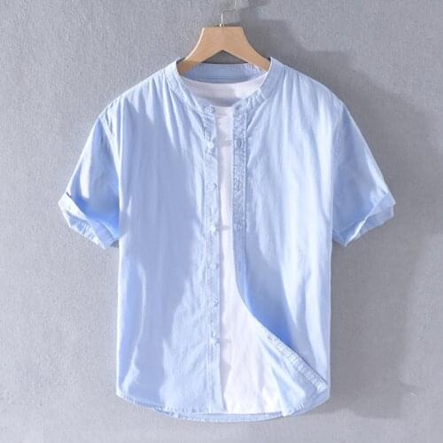 Mens Shirts Summer Harajuku Shirt Mens Solid Stand Collar Cotton Linen Retro Short Sleeve Loose Japanese Fashion Chemise Homme