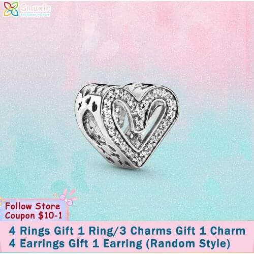 Smuxin S925 Silver Beads Sparkling Silver Freehand Heart Charms fit Original Pandora Bracelets for Women Jewelry Making