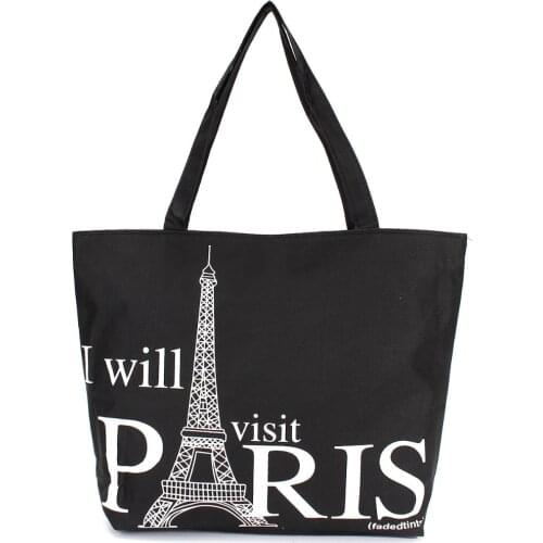 Large Space Women Canvas Handbag Zipper Shopping Shoulder Bag Paris Eiffel Tower Pattern Girls Beach Bookbag Casual Tote Fashion