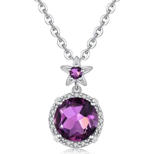 Szjinao Natural Amethyst Necklace Pendant Zircon 925 Sterling Silver Pendants Charm Boho Women Silver 925 Jewelry Round Shape