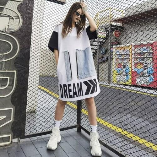 Summer Zipper Denim Patchwork Loose Long T Shirt Women Short Sleeved Fashion Large Size Street Style Cartoon T Shirt Oversize
