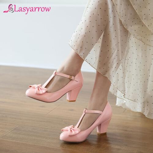 Lasyarrow High Heels Women Pumps Patent Leather Bow Block High Heel T-Strap Shoes Buckle Round Toe Party Shoes Lady Red Size 48