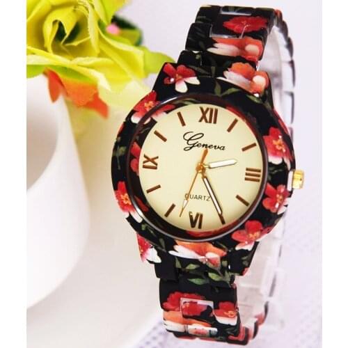 Gnova Platinum Fashion women watch flower print plastic band Geneva style quartz wristwatch Vintage clock para femme girlfriend