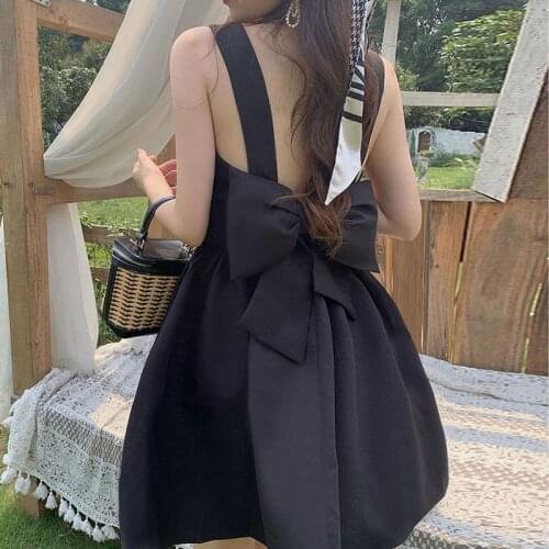 2021 Korean Summer Sexy Tank Dress Women for Party Backless Bowknot Black Hepburn Mini Dresses Sleeveless Vintage Sweet Sundress