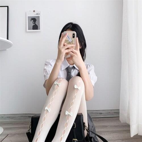 Bownet Hollow Out Tights for Girls Solid Mesh Pantynose Sweet Cute Stockings Women School Style Thin Japanese Lace Long Socks