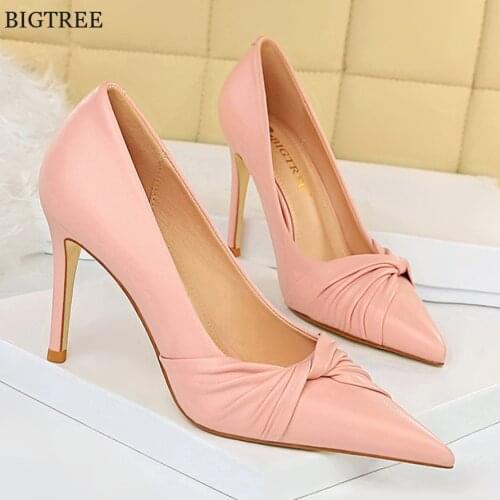 BIGTREE Autumn Shallow Shoes Women Pointy Toe Bowknot Delicate Pumps Soft Leather Sexy High Heels Ladies Office Shoes Dress Pink