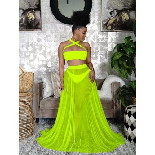 BKLD Summer Neon Clothes Beach Vacation Sexy Bandage Halter Crop Top Shorts Mesh Skirt See-Through 3 Piece Sets Womens Outfits