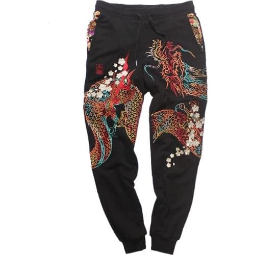 Casual Drawstring Waist Pants Mens Clothing Autumn Sweatpants Chinese Dragon Embroidered Pants Fashion Streetwear