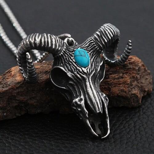 Goth Satan Skull Pendant Stainless Steel Necklace Punk Big Stone Biker Animal Skull Sheep Pendant Necklace Men Fashion Jewelry
