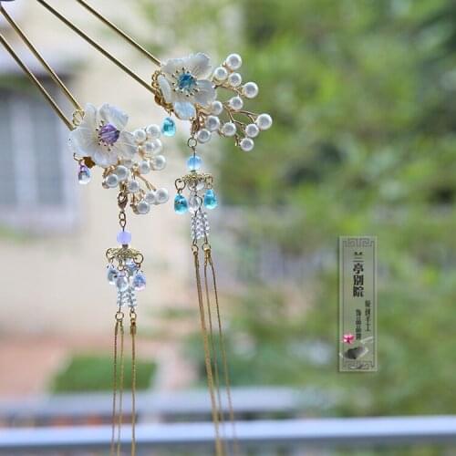 ChaoNanZhi Colored Glaze Branches Pear Tassel Hair Stick Vintage Chinese Handmade Hair Jewelry Hanfu Cos Hair Accessory