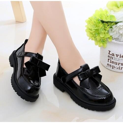 Kids Leather Shoes Girls Oxfords Leather Flats T-strap Childrens Shoes Cut-outs Breathable Anti-slip British Vintage Style Bow