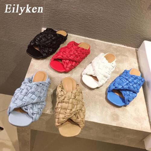 Eilyken Summer New Fashion Braiding Soft Leather Square Toe Flat Slippers Outdoor Holiday Casual Beach Women Mules Slides Shoes