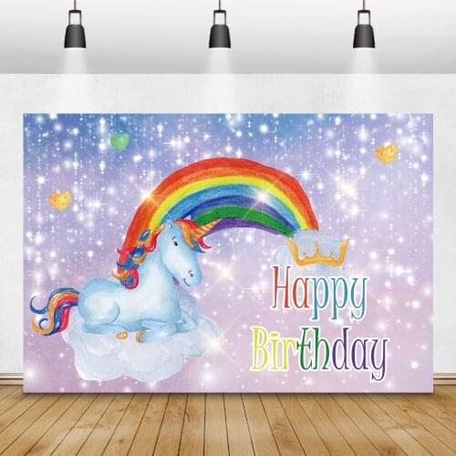 Laeacco Birthday Photo Backdrops Unicorn Rainbow Clouds Glitter Light Bokeh Baby Shower Photography Backgrounds For Photo Studio