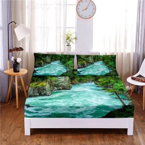 Natural Scenery Digital Printed 3pc Polyester Fitted Sheet Mattress Cover Four Corners with Elastic Band Bed Sheet Pillowcases