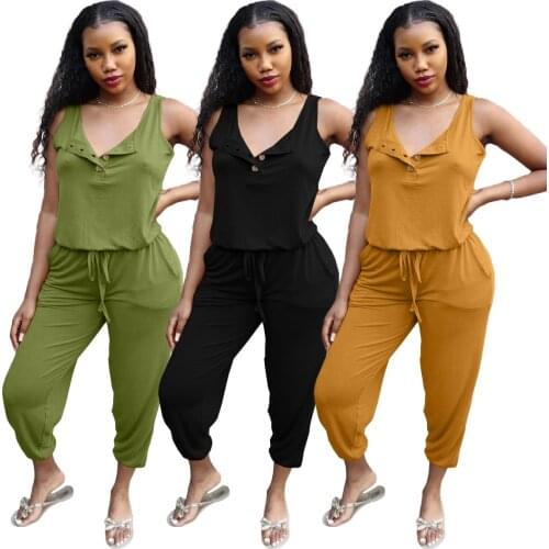 Solid Color One Piece Womens Clothing Sexy Sleeveless Single Breasted Fashion Lace Up Personality Pocket Summer Casual Jumpsuit