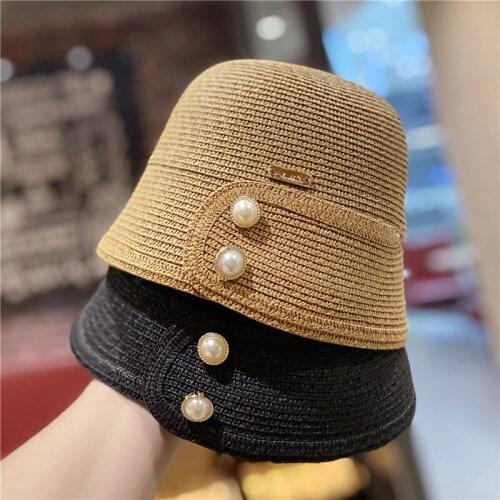 Summer Elegant White Pearl Bucket Hats For Women Holiday Straw Sun Hat Female Panama Chapeau Femme Outdoor Plage Beach Visor Cap