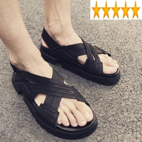 Sandal New Summer Mens Outside Black Thick Bottom Increase Genuine Leather Roman Sandals Casual Open Toe Slip-On Gladiator Shoes