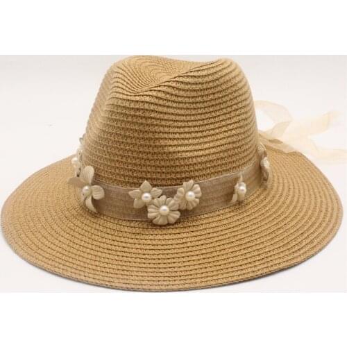 Seioum 2019 New Summer British pearl Flower beading flat brimmed straw hat Shading sun hat Lady beach hat