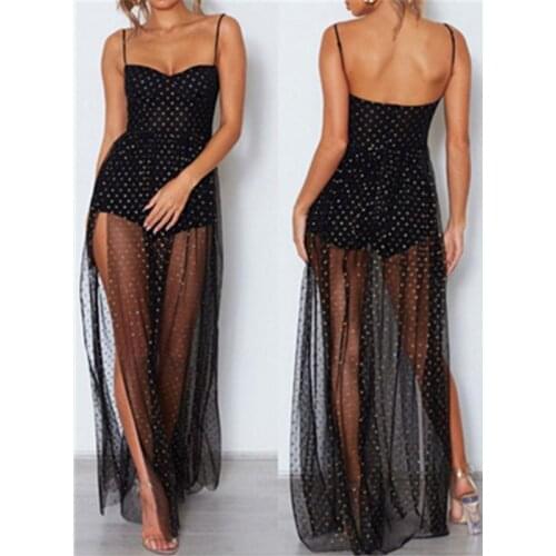 New Sexy Fashion Women Black Gauze Mesh See Through Transparent Dress Sleeveless Sheer Causal Summer Long Maxi Dress Outwear W3
