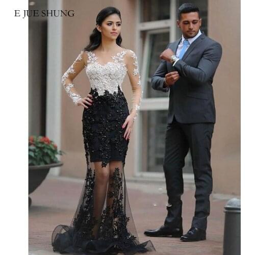 E JUE SHUNG White and Black Mermaid Wedding Dresses Pearls Long Sleeves Bride Dresses Wedding Bridal Gowns