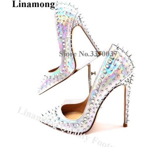Linamong Design Pointed Toe Stiletto Heel Silver Rivet Pumps Sexy Silver Sequined Slip-on High Heels Evening Dress Shoes