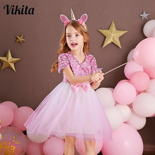 VIKITA Girls Dress Elegant Children Party Princess Dress Wedding Birthday Party Prom Vestidos Wear Kids Bow Dresses for Girls