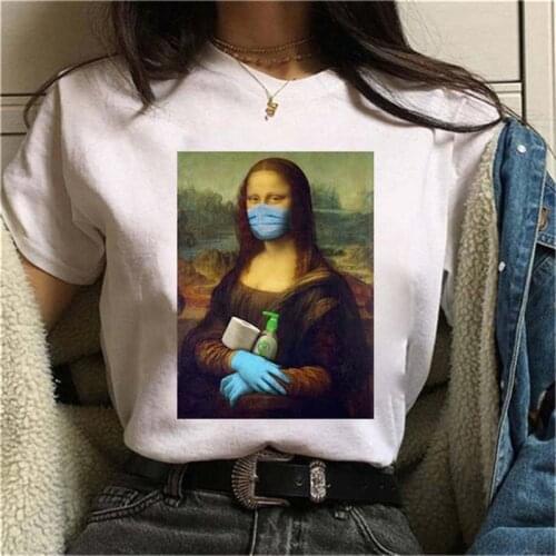 Mona Lisa Mask Funny Women T Shirt Spoof Summer Fashion Casual Short Sleeve Aesthetic Female T-shirt Tumblr Tshirt Tops