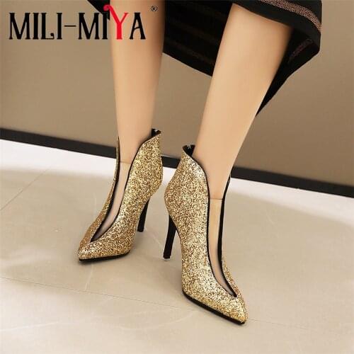 MILI-MIYA Bling Gold Sliver Women Ankle Boots Zipper Sexy Pointed Toe Super High Thin Heels Large Size 34-48 Handmade Footwear