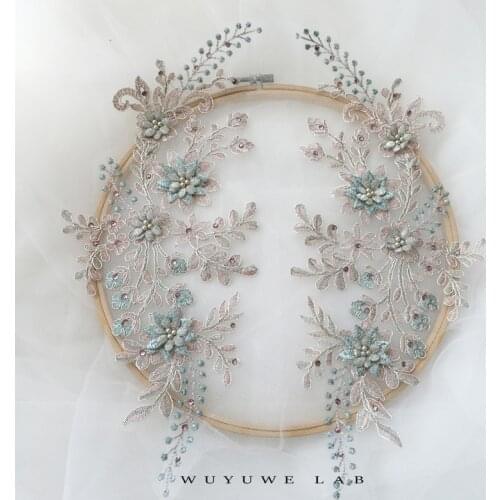 1pairs/2pcs Purple Pink Ivory 3d Beaded Flower Lace Appliques Embroidered Gown Collar Sew Patches for Wedding Dress Decoration