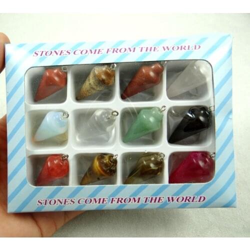 Natural Quartz crystal Turquoises tiger eye Opal pendulum circular Cone pendant for diy jewelry making necklace Accessories 12PC