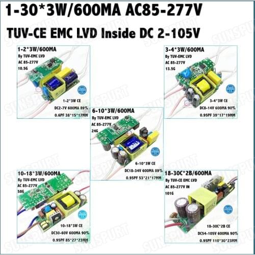 2-20Pieces TUV-CE EMC LVD PFC>0.9 3-60W AC85-277V LED Driver 1-30Cx3W 600mA DC2-100V Constant Current For LED Lamp Free Shipping