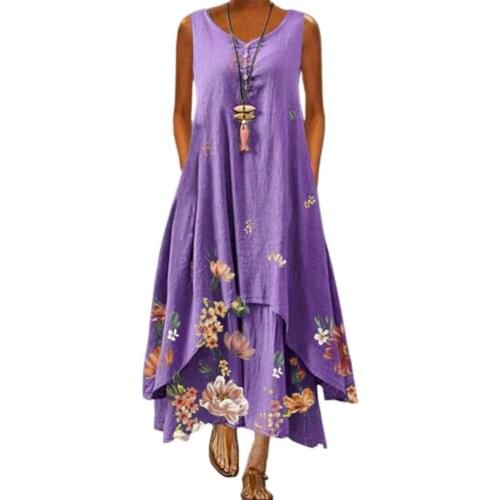 2021 Women Summer Dress Sleeveless Floral Print Irregular Hem Ladies Buttons Round Neck Plus Size Dress