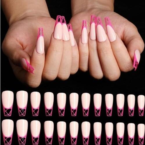 24pcs French Coffin Ballet Fake Nails UV Detachable Color Nail Tip Extension Manicure Press on False Nails Decor with Glue