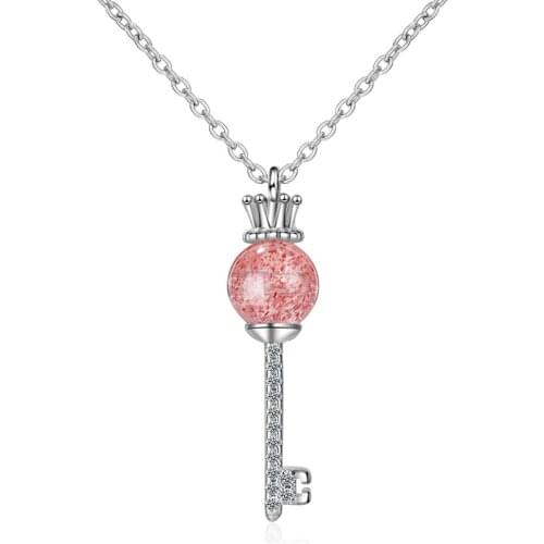 3574 100% 925 Sterling Silver Elegant Crown Key Strawberry Quartz Ladies Pendant Necklace Jewelry For Women Birthday Gift Chains