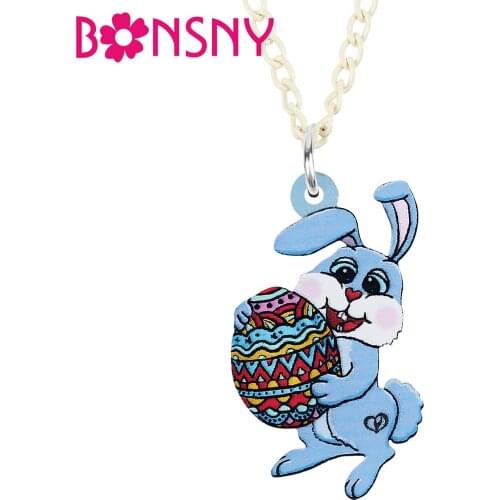 Bonsny Acrylic Sweet Easter Eggs Rabbit Bunny Necklace Pendant Fashion Long Chain Charms Gifts Party For Women Girls Jewelry