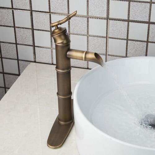 Antique Brass Bamboo Basin Faucets Torneira Waterfall Bathroom+ Cover Plate 86555726 Deck Mounted Sink Faucets,Mixers &Taps
