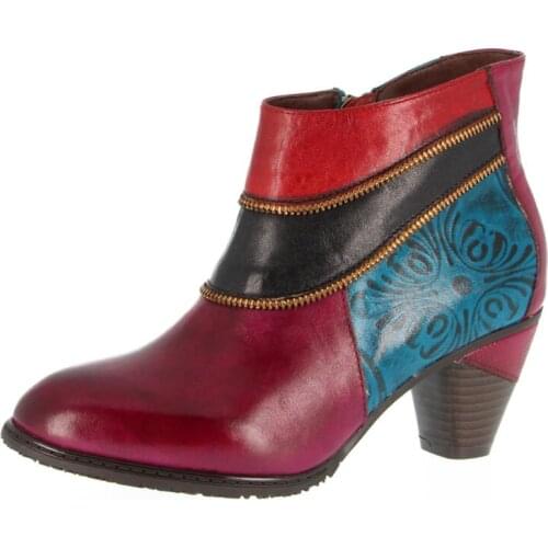 Embossed Women Boots Genuine Leather Retro Buckle Zipper 3-5CM Thick High Heel Ankle Boots Retro Elegant Shoes Women Shoes 2020