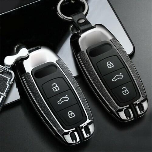 Zinc Alloy + Leather Remote Start Car Key Case Cover Auto Accessories Protector Holder For Audi A6L A7 A8 A8L E-tron Q8 C8 19-20