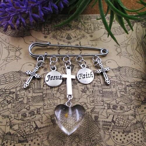 Mustard seed resin heart jesus faith cross believe charm brooch silver plated charm brooch gift birthday