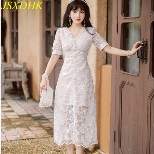 JSXDHK New 2021 Summer Lace Party Dress Runway Women Short Sleeve Diamonds White Embroidery Flower V Neck Midi Bodycon Dresses
