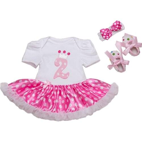 Crown 2nd Birthday Outfits For Girls Clothes Pink Lace Tutu Rompers Party Dresses Headband Shoes 3PCS Toddler Girl Clothing