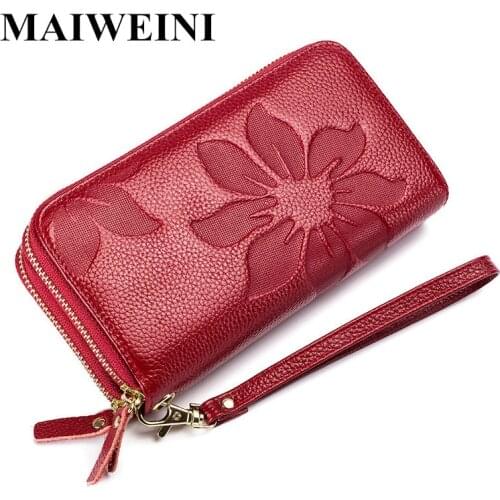 Brand New Women Genuine Leather Wallet Double Zipper Long Wallet Large Capacity Ladies Clutch Wallets Phone Wrist Strap Purse