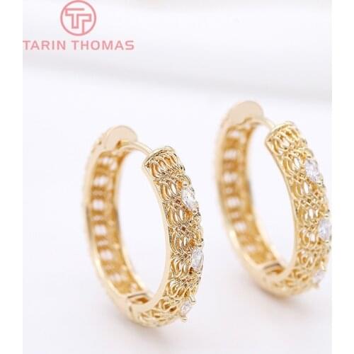 2PCS 32MM 24K Gold Color Brass with Zircon Round Earrings Hoop Earring Clip High Quality DIY Jewelry Making Findings