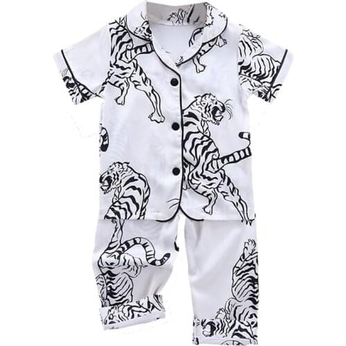 Summer Baby Boy Silk Pajama Set Tiger Print Shirt Short Sleeve Blouse+Long Pants Homewear Sleepwear Nightgown Outfit