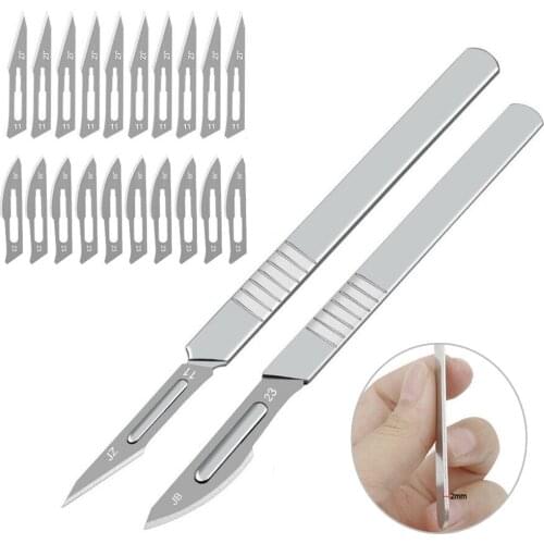 20pcs 11# 23# Carbon Steel Surgi-cal Scalpel Blades + 2pc Handle Scalpel DIY Cutting Tool PCB Repair Animal Surgi-cal Kni-fe