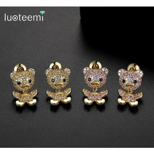 LUOTEEMI Pretty Small Bear Dangle Drop Earrings for Girls Dating Party Paved Micro CZ Double Color Animal Fashion Jewelry Gift