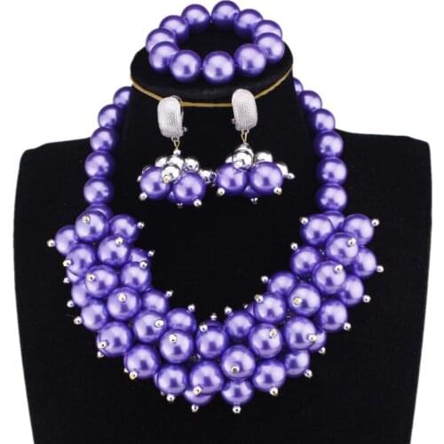 Dudo Store African Imitation Pearls Jewelry Set in Purple Balls Earrings Necklace Bracelet Bridal Jewelry Set Christmas Gift