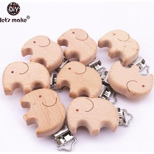 Lets make Dummy Clip Beech Wooden Teether Aniamls Elephant Baby Pacifier Holder Customizable Food Grade Wood Teething Teether