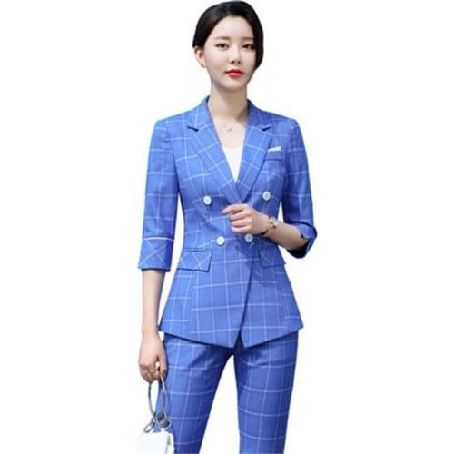 New plaid suit spring and summer fashion professional wear ladies mid-sleeved suit temperament formal work clothes Two-piece